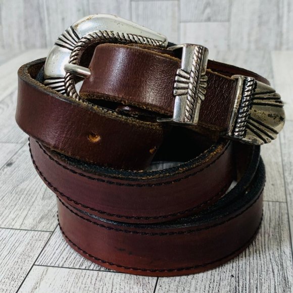VTG Womens French Cuir Vachette Belt Skinny Southwestern Sz XL Brown Leather 90s main image 15